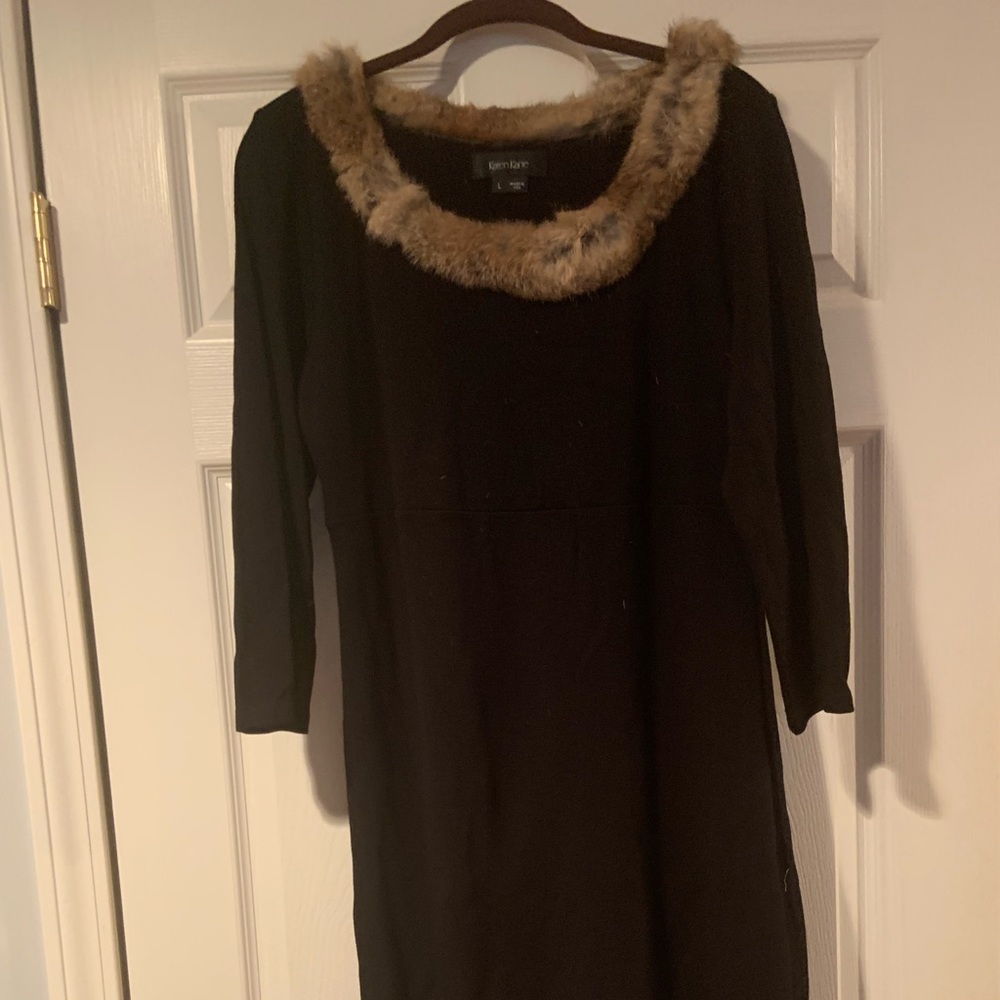 New Karen Kane Black Sheath Dress Faux Fur $139
